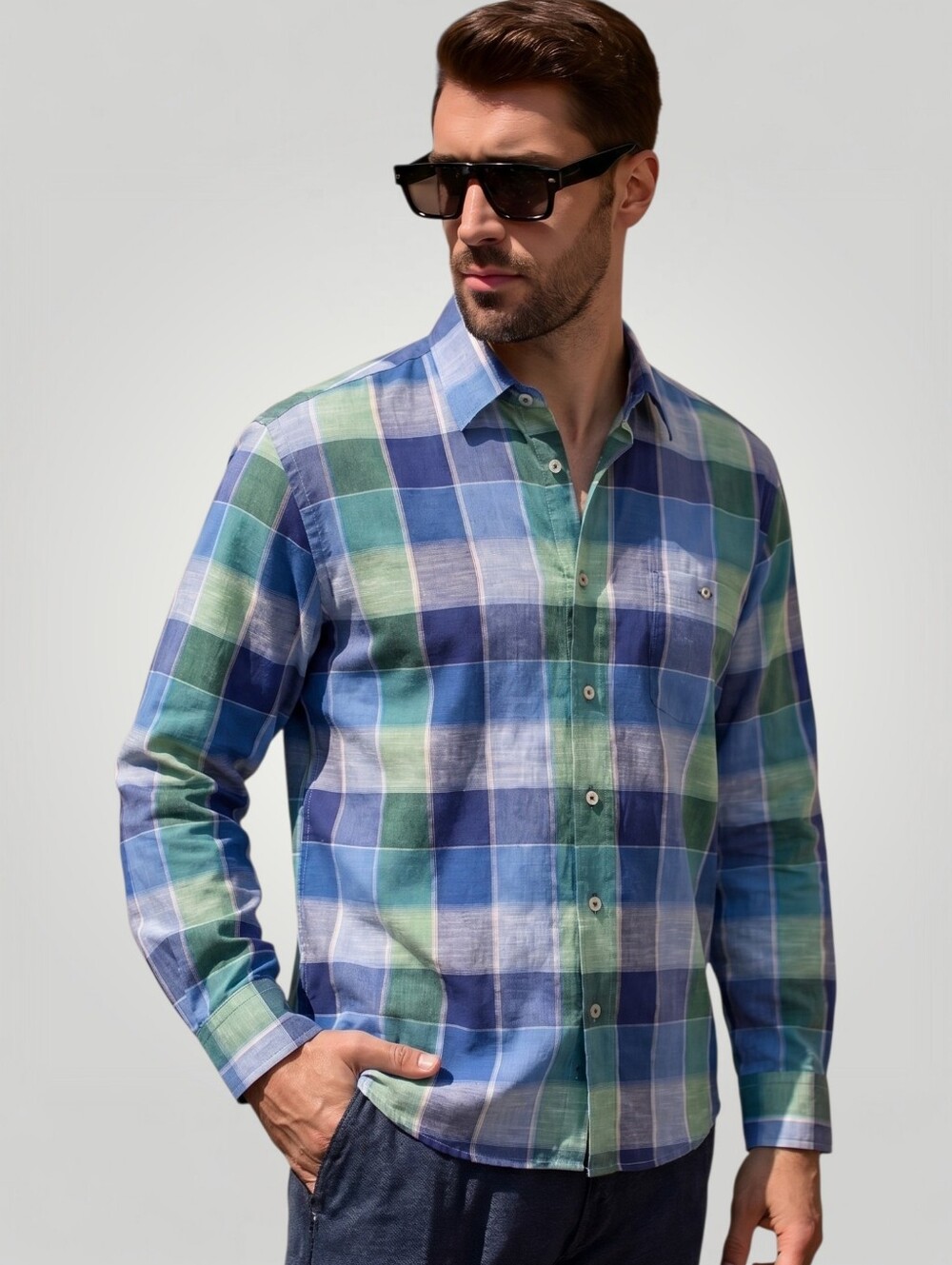 Haupt Mens XXL Blue Green Plaid Long Sleeve Button Up Shirt Regular Fit 18 45/46